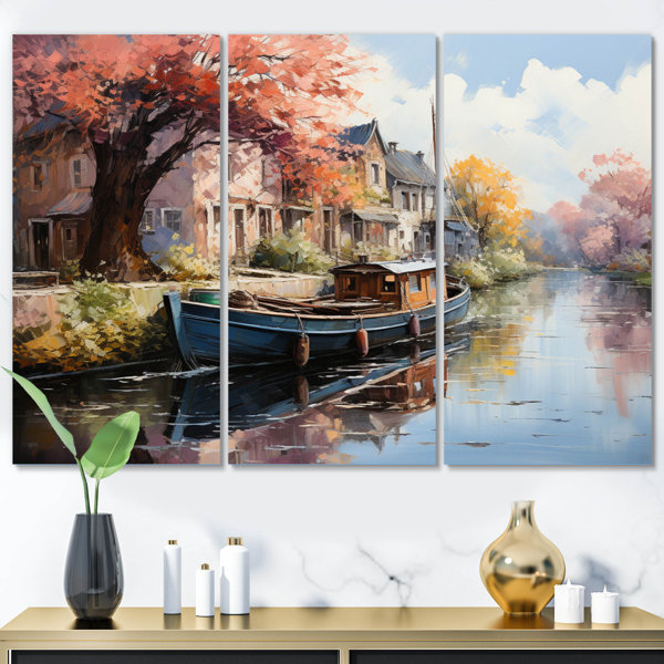 Breakwater Bay Red Canal Waterways Pointillism On Canvas 3 Pieces Print